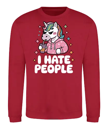 I HATE PEOPLE - unicorn, hoodie, drink, text, pink, stars, disgruntled, cartoon, colorful, expression - Sweatshirt