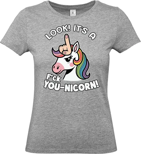 Look! it's a f*ck you-unicorn! - unicorn, rainbow, humor, playful, whimsical, gesture, cheeky, expression - Standard T-Shirt (Women)