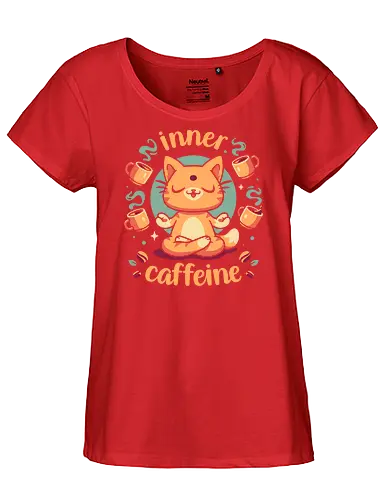 Inner Caffeine - cat, kawaii cute, coffee, caffeine addict, cup of coffee, drink, espresso, funny, inner peace, meditation, yoga, zen, kitten, meow - Fairtrade Girl Shirt