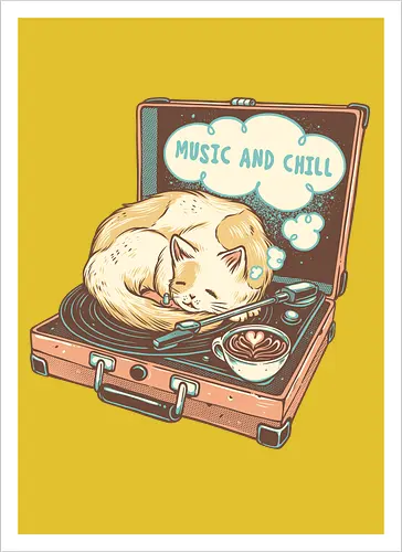 Music and Chill Cat - Music, cat, cats, relax, chill, cute, coffee, classic, retro - Artprint