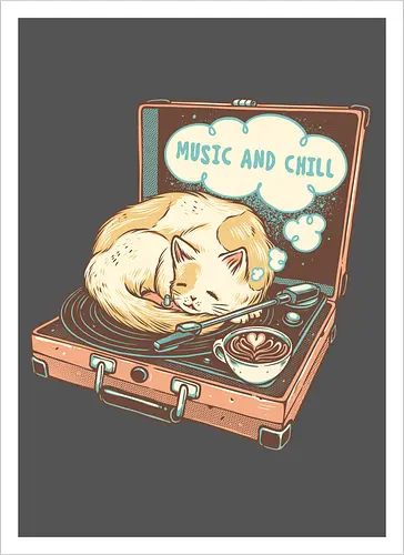 Music and Chill Cat - Music, cat, cats, relax, chill, cute, coffee, classic, retro - Artprint