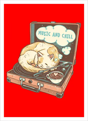 Music and Chill Cat - Music, cat, cats, relax, chill, cute, coffee, classic, retro - Artprint