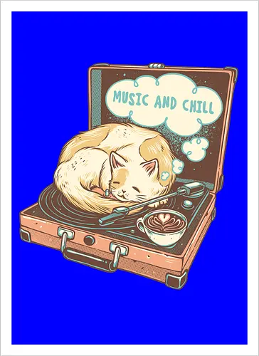 Music and Chill Cat - Music, cat, cats, relax, chill, cute, coffee, classic, retro - Artprint