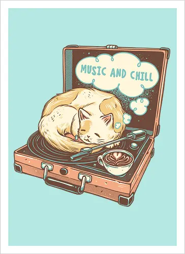 Music and Chill Cat - Music, cat, cats, relax, chill, cute, coffee, classic, retro - Artprint