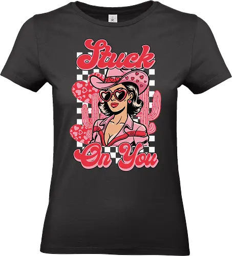 Stuck On You - retro, cowgirl, heart-shaped glasses, cactus, checkerboard, pink, fashion, western, cartoon style - Standard T-Shirt (Women)