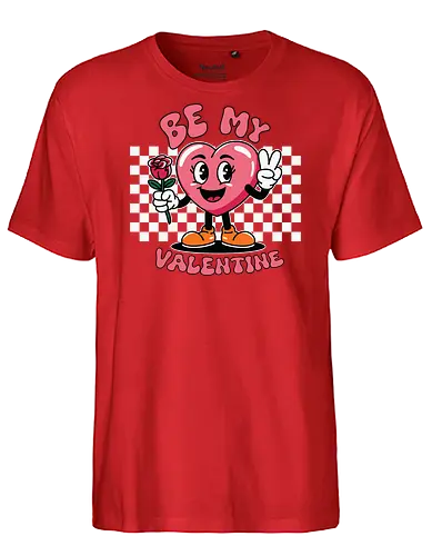 Be My Valentine - heart, cartoon, valentine, rose, love, checkered, peace sign, maroon, playful, bold - Fairtrade T-Shirt