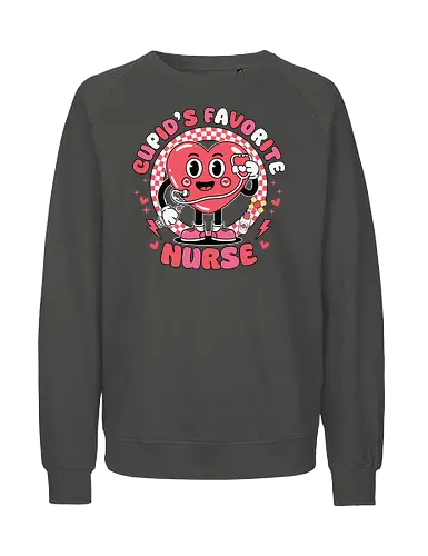 Cupid's Favorite Nurse - cartoon, heart, nurse, stethoscope, checkered, red, playful, cute, design, character - Fairtrade Sweatshirt