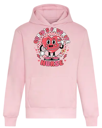 Cupid's Favorite Nurse - cartoon, heart, nurse, stethoscope, checkered, red, playful, cute, design, character - Heavyweight Hoodie