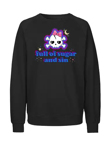 Full Of Sugar And Sin  - Full Of Sugar And Sin, creepy cute, skull, pastel goth, sugar, bow, moon, cute skull, kawaii skull, kawaii, spooky cute, quote, funny - Fairtrade Sweatshirt