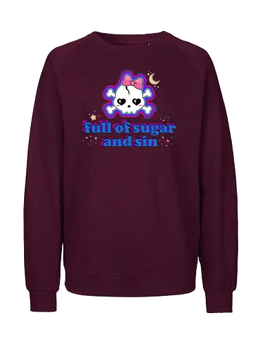 Full Of Sugar And Sin  - Full Of Sugar And Sin, creepy cute, skull, pastel goth, sugar, bow, moon, cute skull, kawaii skull, kawaii, spooky cute, quote, funny - Fairtrade Sweatshirt
