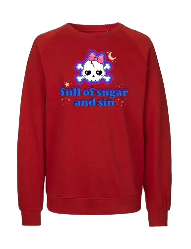 Full Of Sugar And Sin  - Full Of Sugar And Sin, creepy cute, skull, pastel goth, sugar, bow, moon, cute skull, kawaii skull, kawaii, spooky cute, quote, funny - Fairtrade Sweatshirt