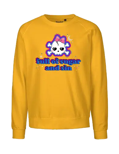 Full Of Sugar And Sin  - Full Of Sugar And Sin, creepy cute, skull, pastel goth, sugar, bow, moon, cute skull, kawaii skull, kawaii, spooky cute, quote, funny - Fairtrade Sweatshirt