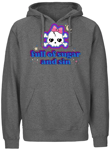 Full Of Sugar And Sin  - Full Of Sugar And Sin, creepy cute, skull, pastel goth, sugar, bow, moon, cute skull, kawaii skull, kawaii, spooky cute, quote, funny - Fairtrade Hoodie