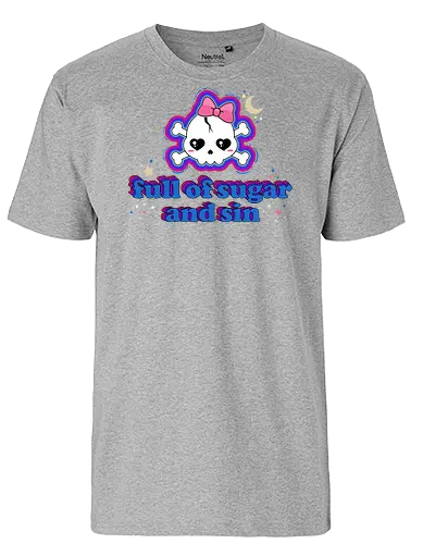 Full Of Sugar And Sin  - Full Of Sugar And Sin, creepy cute, skull, pastel goth, sugar, bow, moon, cute skull, kawaii skull, kawaii, spooky cute, quote, funny - Fairtrade T-Shirt