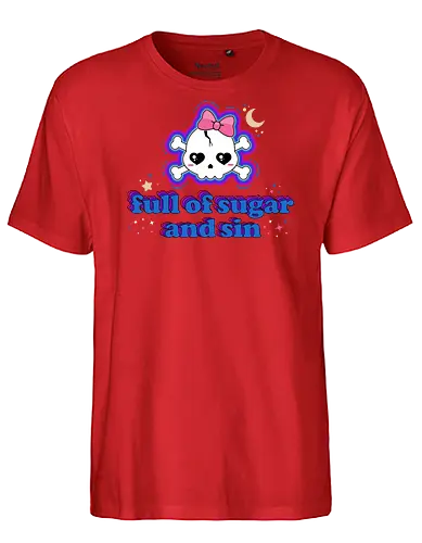 Full Of Sugar And Sin  - Full Of Sugar And Sin, creepy cute, skull, pastel goth, sugar, bow, moon, cute skull, kawaii skull, kawaii, spooky cute, quote, funny - Fairtrade T-Shirt
