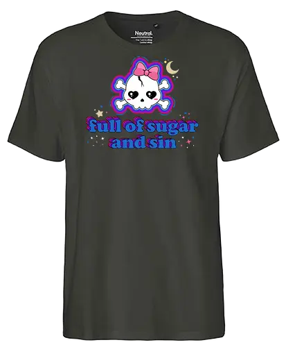 Full Of Sugar And Sin  - Full Of Sugar And Sin, creepy cute, skull, pastel goth, sugar, bow, moon, cute skull, kawaii skull, kawaii, spooky cute, quote, funny - Fairtrade T-Shirt