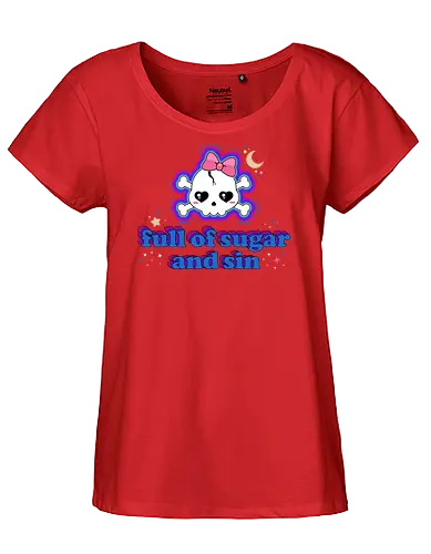 Full Of Sugar And Sin  - Full Of Sugar And Sin, creepy cute, skull, pastel goth, sugar, bow, moon, cute skull, kawaii skull, kawaii, spooky cute, quote, funny - Fairtrade Girl Shirt