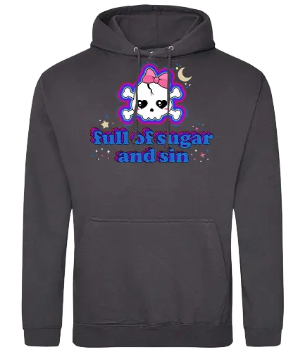 Full Of Sugar And Sin  - Full Of Sugar And Sin, creepy cute, skull, pastel goth, sugar, bow, moon, cute skull, kawaii skull, kawaii, spooky cute, quote, funny - Standard Hoodie