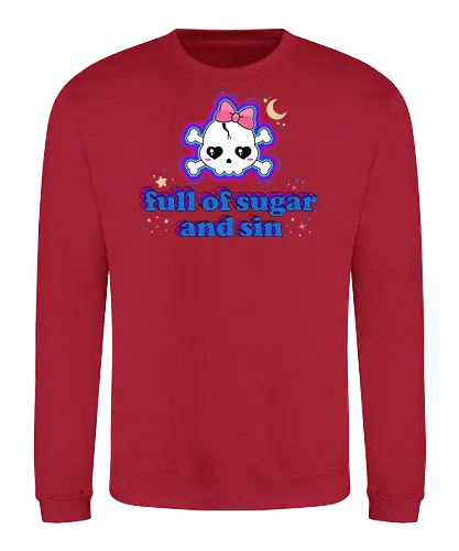 Full Of Sugar And Sin  - Full Of Sugar And Sin, creepy cute, skull, pastel goth, sugar, bow, moon, cute skull, kawaii skull, kawaii, spooky cute, quote, funny - Sweatshirt