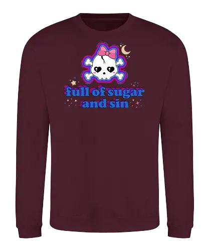 Full Of Sugar And Sin  - Full Of Sugar And Sin, creepy cute, skull, pastel goth, sugar, bow, moon, cute skull, kawaii skull, kawaii, spooky cute, quote, funny - Sweatshirt