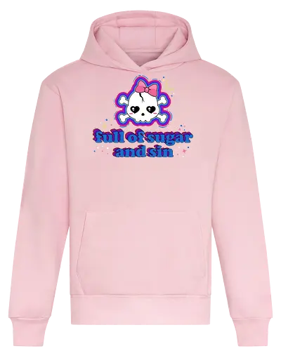Full Of Sugar And Sin  - Full Of Sugar And Sin, creepy cute, skull, pastel goth, sugar, bow, moon, cute skull, kawaii skull, kawaii, spooky cute, quote, funny - Heavyweight Hoodie