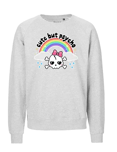Cute But Psycho - cute but psycho, kawaii skull, rainbow, rain, kawaii rainbow, pastel goth, spooky cute, creepy cute, bow, girly skull - Fairtrade Sweatshirt