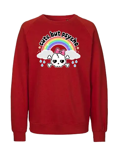 Cute But Psycho - cute but psycho, kawaii skull, rainbow, rain, kawaii rainbow, pastel goth, spooky cute, creepy cute, bow, girly skull - Fairtrade Sweatshirt
