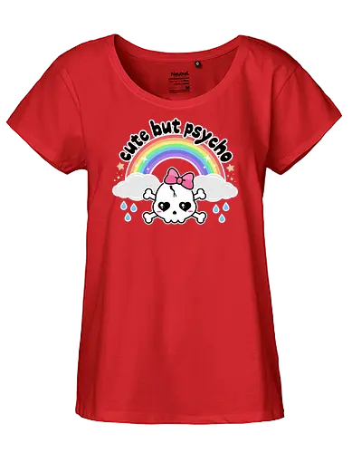 Cute But Psycho - cute but psycho, kawaii skull, rainbow, rain, kawaii rainbow, pastel goth, spooky cute, creepy cute, bow, girly skull - Fairtrade Girl Shirt