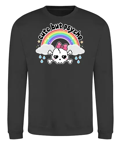 Cute But Psycho - cute but psycho, kawaii skull, rainbow, rain, kawaii rainbow, pastel goth, spooky cute, creepy cute, bow, girly skull - Sweatshirt