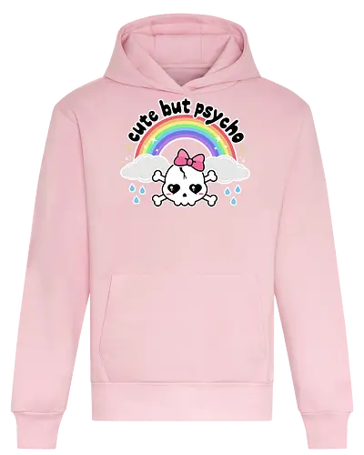 Cute But Psycho - cute but psycho, kawaii skull, rainbow, rain, kawaii rainbow, pastel goth, spooky cute, creepy cute, bow, girly skull - Heavyweight Hoodie