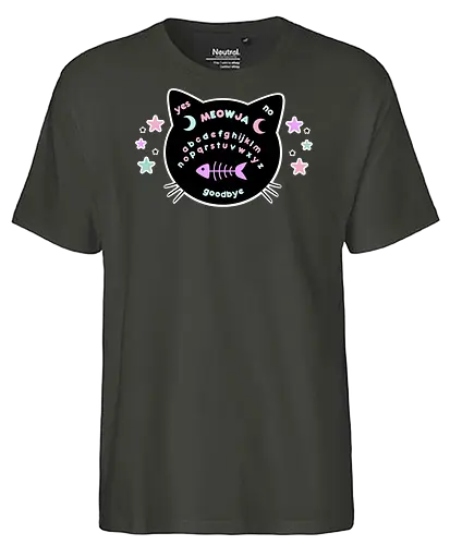Meowja - meowja, ouija, ouija board, creepy cute, pastel goth, spooky cute, kawaii goth, pastel ouija board, cat - Fairtrade T-Shirt