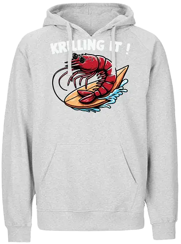 Krillin It - shrimp, surfing, wave, cartoon, humor, pun, ocean, playful, vibrant, text - Fairtrade Hoodie