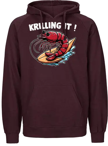 Krillin It - shrimp, surfing, wave, cartoon, humor, pun, ocean, playful, vibrant, text - Fairtrade Hoodie