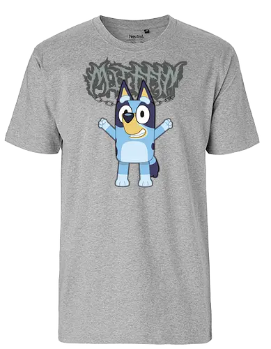 Bluey metal - cartoon, dog, blue, cheerful, graffiti, stylized, lettering, arms raised, excited - Fairtrade T-Shirt