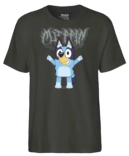 Bluey metal - cartoon, dog, blue, cheerful, graffiti, stylized, lettering, arms raised, excited - Fairtrade T-Shirt