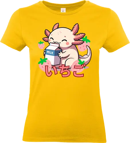 cute axolotl - axolotl, milk, strawberries, kawaii, japanese, cute, character, cartoon, sweet, playful - Standard T-Shirt (Women)
