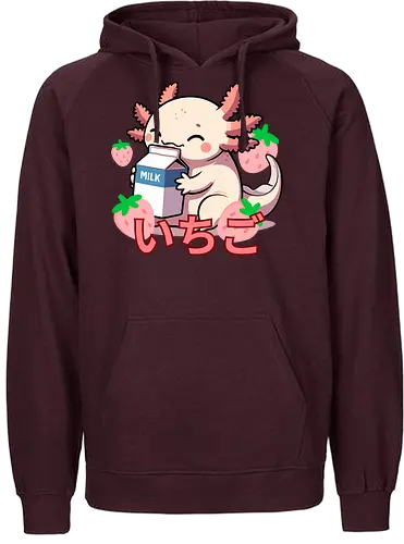 cute axolotl - axolotl, milk, strawberries, kawaii, japanese, cute, character, cartoon, sweet, playful - Fairtrade Hoodie