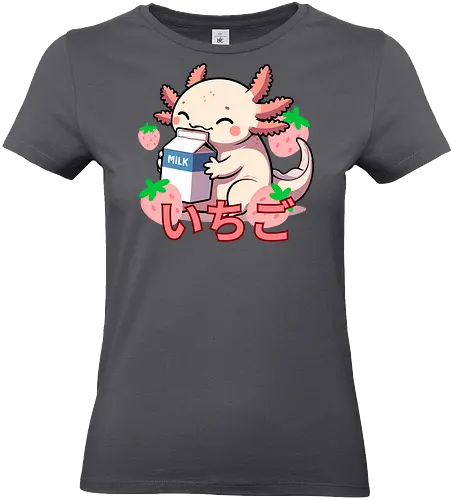 cute axolotl - axolotl, milk, strawberries, kawaii, japanese, cute, character, cartoon, sweet, playful - Standard T-Shirt (Women)