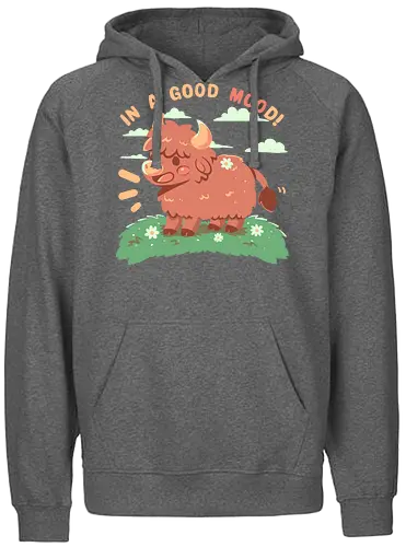 In a good MOOd - cow, happy, cute animal, highland cow, funny, good mood, kawaii, wholesome, cute cow, happy highland cow, brown cow, Scotland, Scottish, soft colours, soft art style, Kuh, glücklich, niedliches Tier, Hochlandkuh, lustig, gute Laune, gesund, niedliche Kuh, glückliche Hochlandkuh, braune Kuh, Schottland, schottisch, weiche Farben, weicher Kunststil - Fairtrade Hoodie