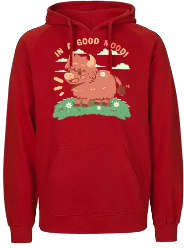In a good MOOd - cow, happy, cute animal, highland cow, funny, good mood, kawaii, wholesome, cute cow, happy highland cow, brown cow, Scotland, Scottish, soft colours, soft art style, Kuh, glücklich, niedliches Tier, Hochlandkuh, lustig, gute Laune, gesund, niedliche Kuh, glückliche Hochlandkuh, braune Kuh, Schottland, schottisch, weiche Farben, weicher Kunststil - Fairtrade Hoodie