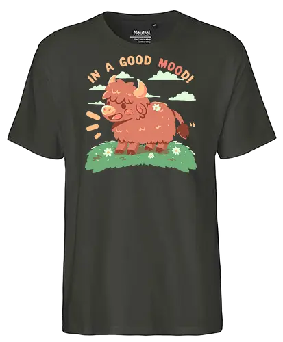 In a good MOOd - cow, happy, cute animal, highland cow, funny, good mood, kawaii, wholesome, cute cow, happy highland cow, brown cow, Scotland, Scottish, soft colours, soft art style, Kuh, glücklich, niedliches Tier, Hochlandkuh, lustig, gute Laune, gesund, niedliche Kuh, glückliche Hochlandkuh, braune Kuh, Schottland, schottisch, weiche Farben, weicher Kunststil - Fairtrade T-Shirt