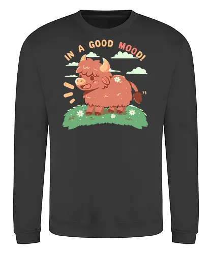 In a good MOOd - cow, happy, cute animal, highland cow, funny, good mood, kawaii, wholesome, cute cow, happy highland cow, brown cow, Scotland, Scottish, soft colours, soft art style, Kuh, glücklich, niedliches Tier, Hochlandkuh, lustig, gute Laune, gesund, niedliche Kuh, glückliche Hochlandkuh, braune Kuh, Schottland, schottisch, weiche Farben, weicher Kunststil - Sweatshirt