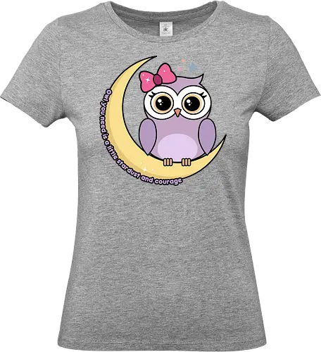 Kawaii Owl  - kawaii owl, kawaii, owl, bird, owls, birds, cute owl, purple owl, quote, saying, inspirational, inspirational quote, moon, stars, stardust, courage, bow, purple bird - Standard T-Shirt (Women)