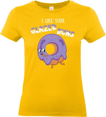 I Like Your Glazed Buns - donut, cartoon, purple, icing, humor, playful, text, character, funny, whimsical - Standard T-Shirt (Women)