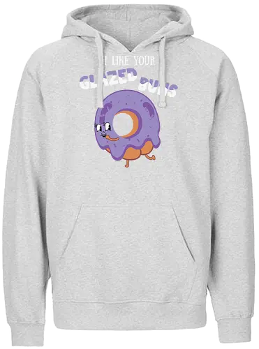 I Like Your Glazed Buns - donut, cartoon, purple, icing, humor, playful, text, character, funny, whimsical - Fairtrade Hoodie