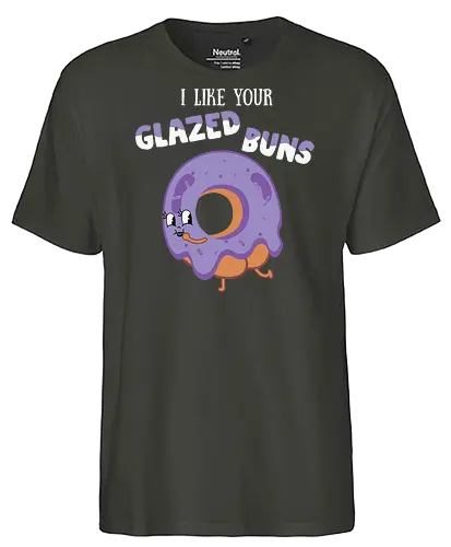 I Like Your Glazed Buns - donut, cartoon, purple, icing, humor, playful, text, character, funny, whimsical - Fairtrade T-Shirt