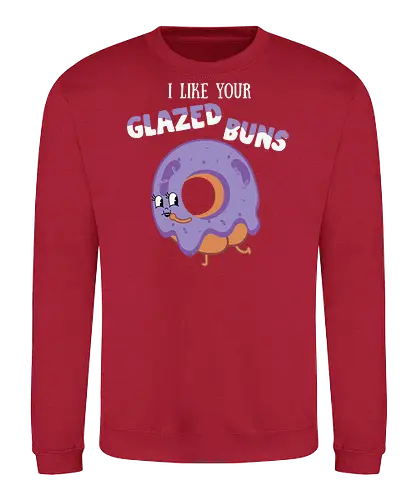I Like Your Glazed Buns - donut, cartoon, purple, icing, humor, playful, text, character, funny, whimsical - Sweatshirt