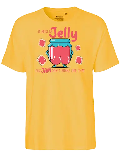 It must be jelly cuz jam don't shake like that  - jelly, humor, cartoon, jar, toast, playful, red, food - Fairtrade T-Shirt
