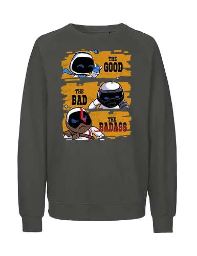 triple bot - game, cowboy, kratos, video game, samurai, robot, mecha, chibi, fun, cute, funny - Fairtrade Sweatshirt