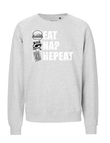 Eat Nap Repeat - Eat, Eating, Food, Fast Food, Fast-food, Street Food, Repeat, Nap, Napping, Nappy, Sleepy, Sleep, Sleeping, Meme, Internet, Pets, Pet, Comfy, Raccoon, Burger, Cheeseburger, Card Game, Pizza - Fairtrade Sweatshirt